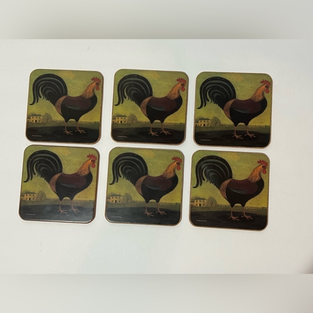 Vintage Pimpernal Set of 6 Rooster Coasters Cork Backed Chicken Farmhouse